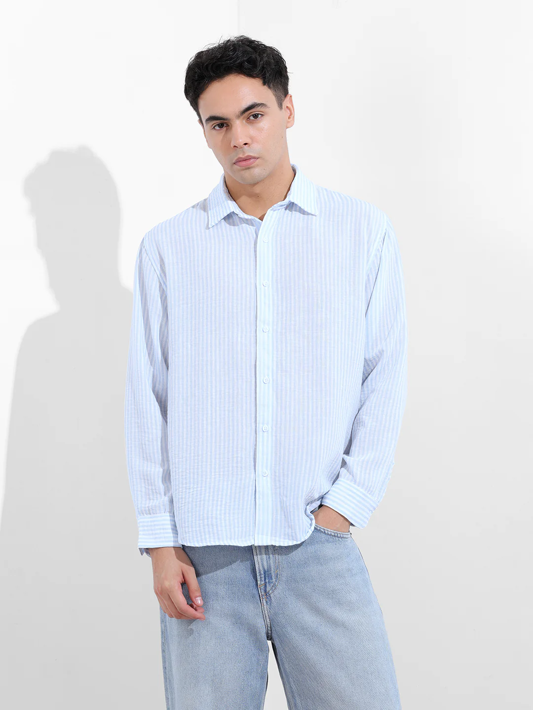 Men's Blue Relaxed Fit Striped Casual Shirt - Image 7