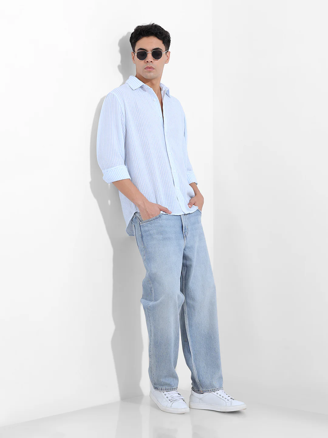 Men's Blue Relaxed Fit Striped Casual Shirt - Image 8