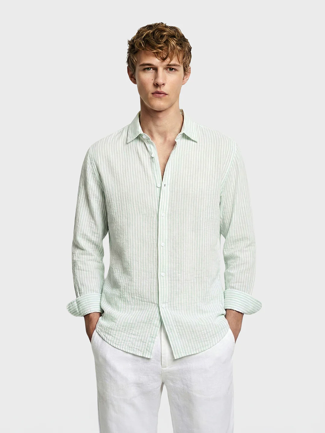 Men's Mint Blue Relaxed Fit Striped Casual Shirt - Image 2