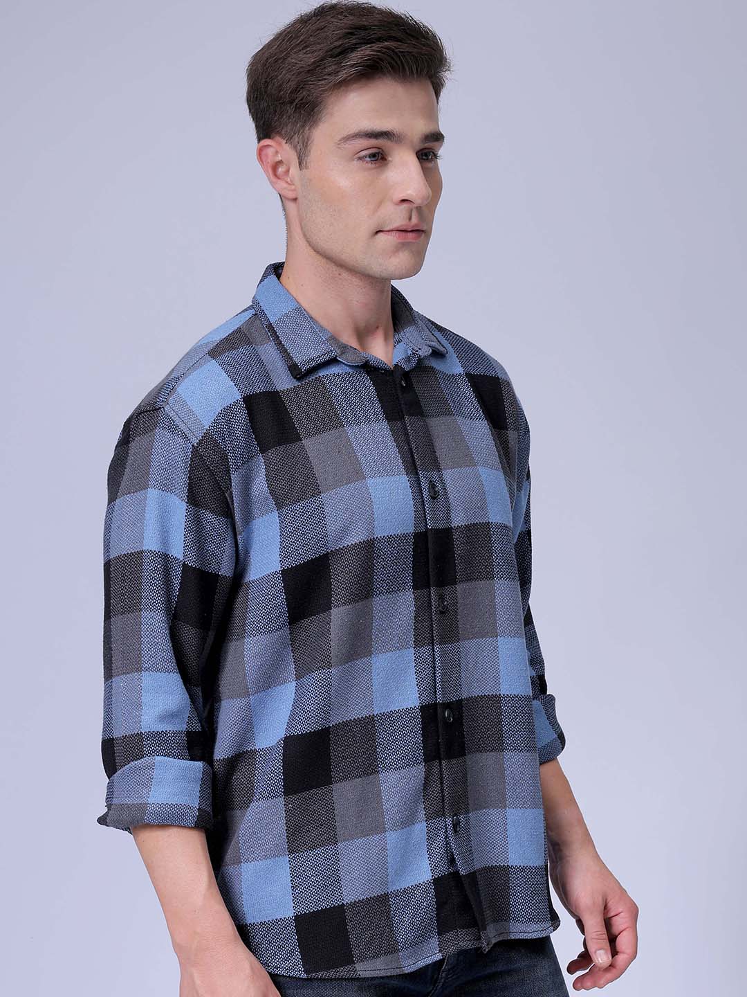 Men's Blue Relaxed Fit Checkered Textured Shirt - Image 3