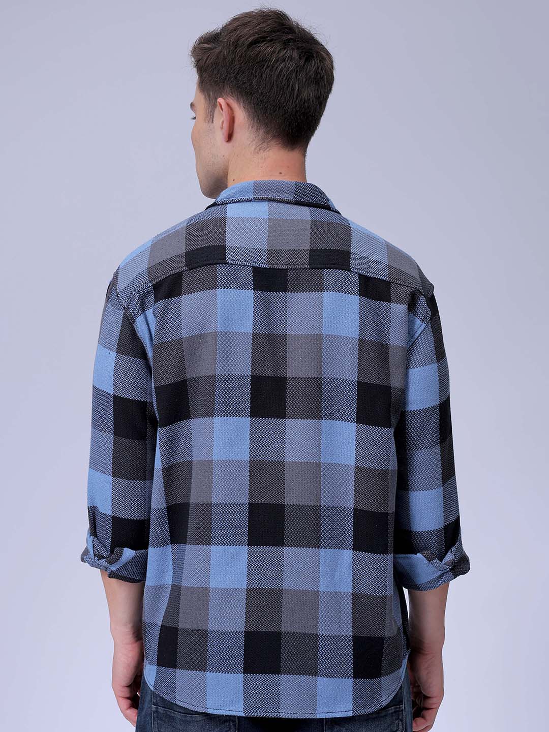 Men's Blue Relaxed Fit Checkered Textured Shirt - Image 4