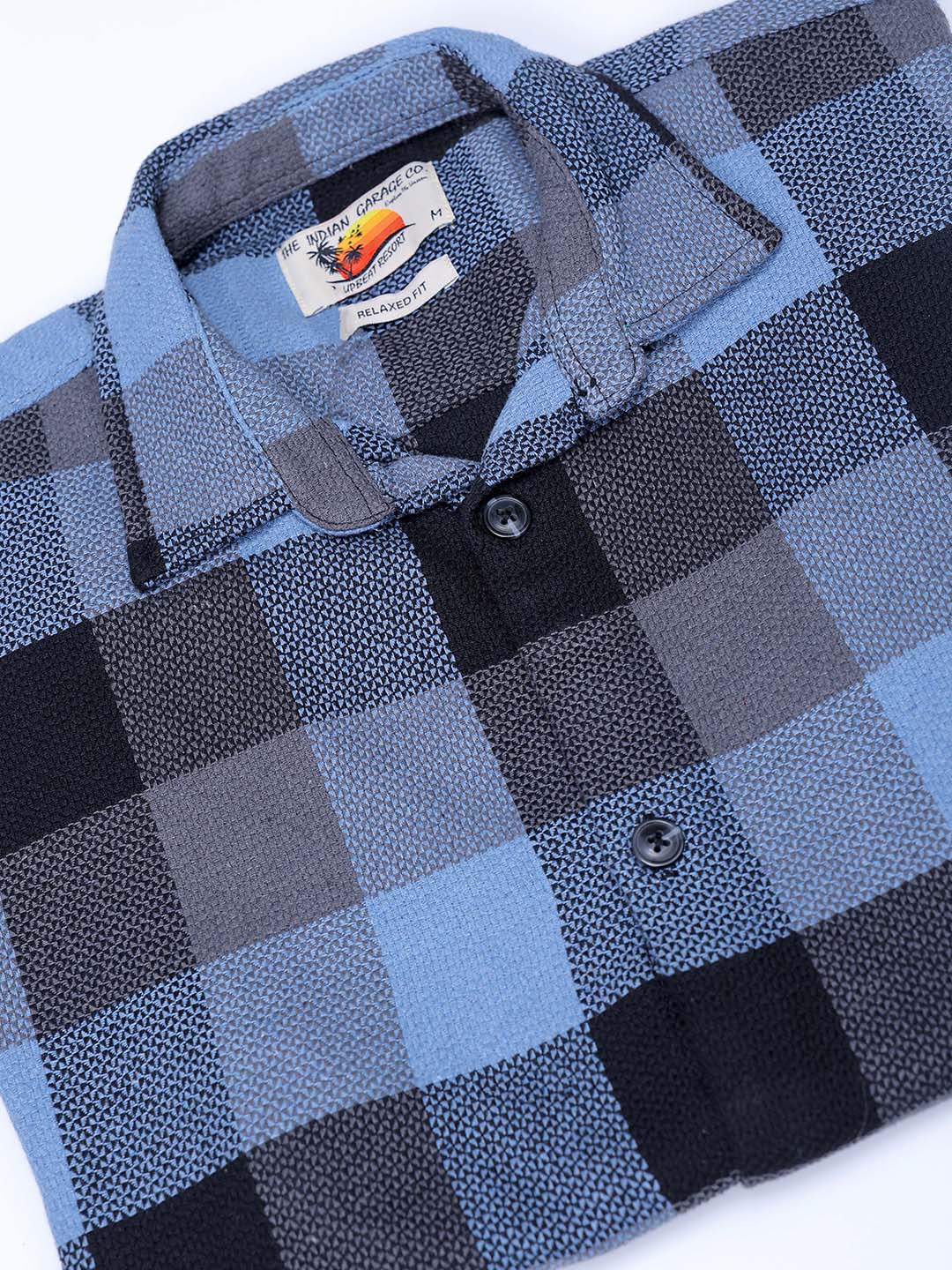 Men's Blue Relaxed Fit Checkered Textured Shirt - Image 6