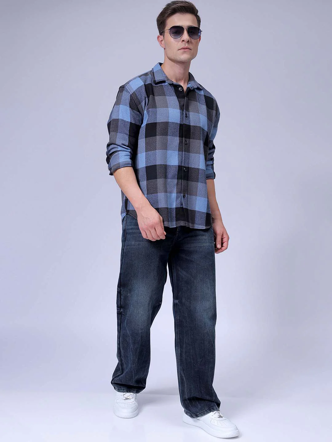 Men's Blue Relaxed Fit Checkered Textured Shirt - Image 7