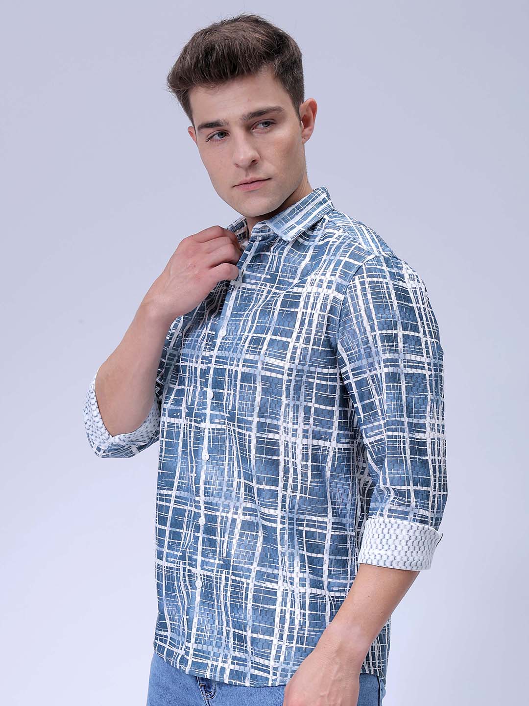 Men's Dusk Blue Relaxed Fit Checkered Textured Shirt - Image 3