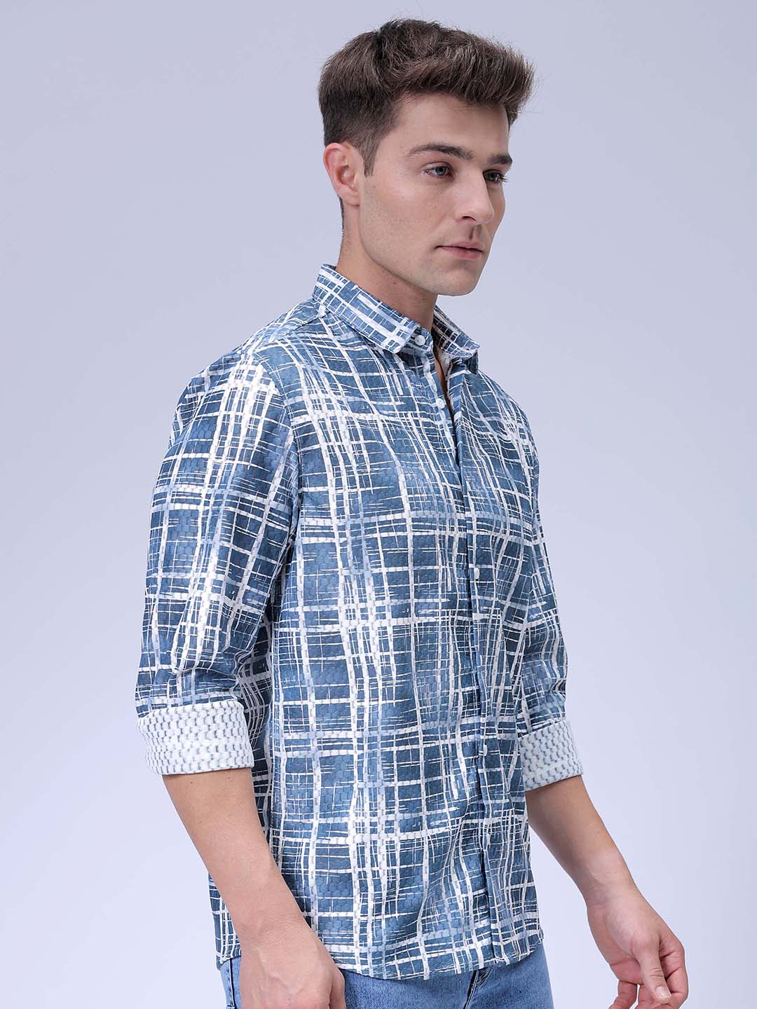 Men's Dusk Blue Relaxed Fit Checkered Textured Shirt - Image 4