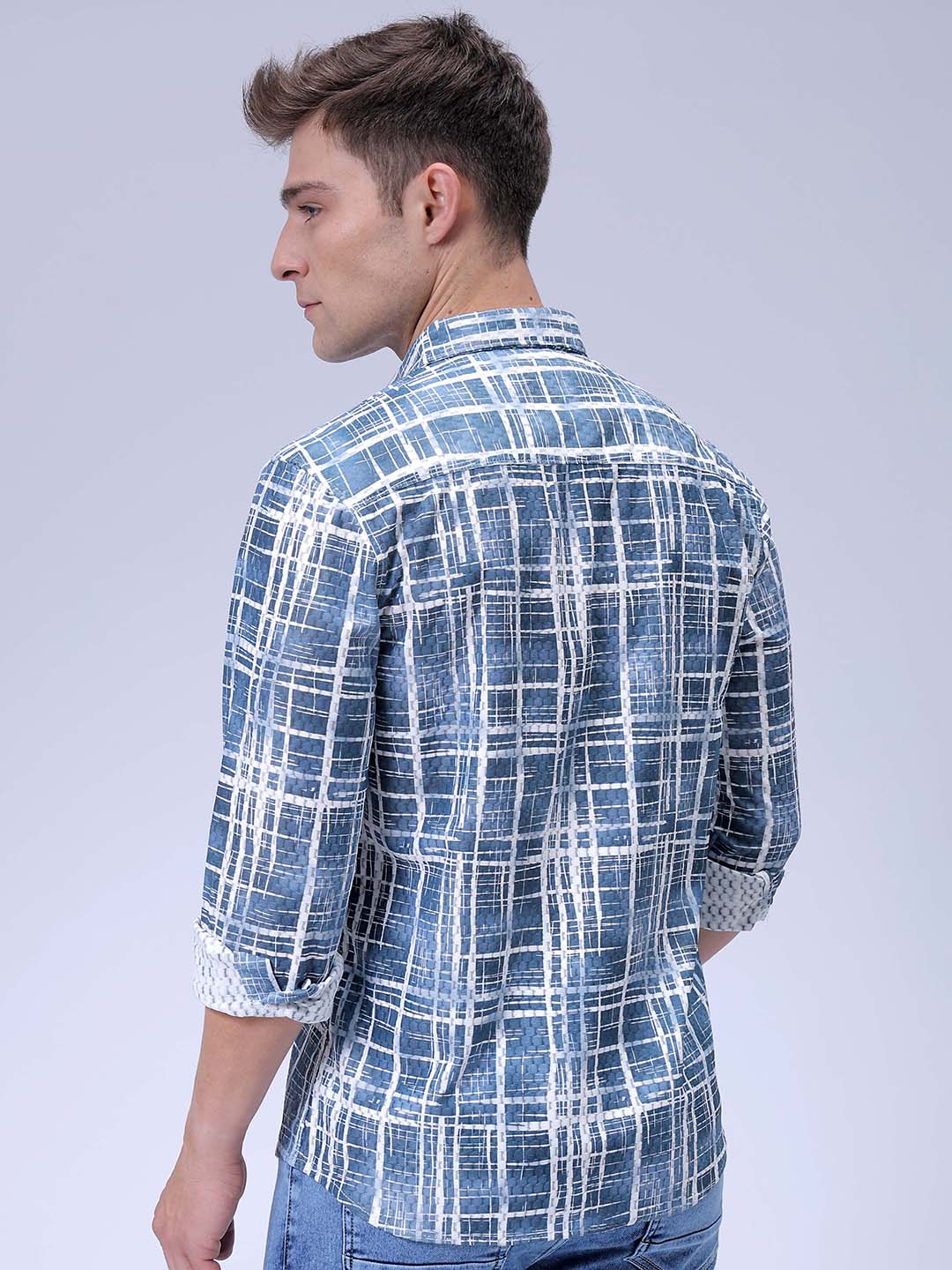 Men's Dusk Blue Relaxed Fit Checkered Textured Shirt - Image 5