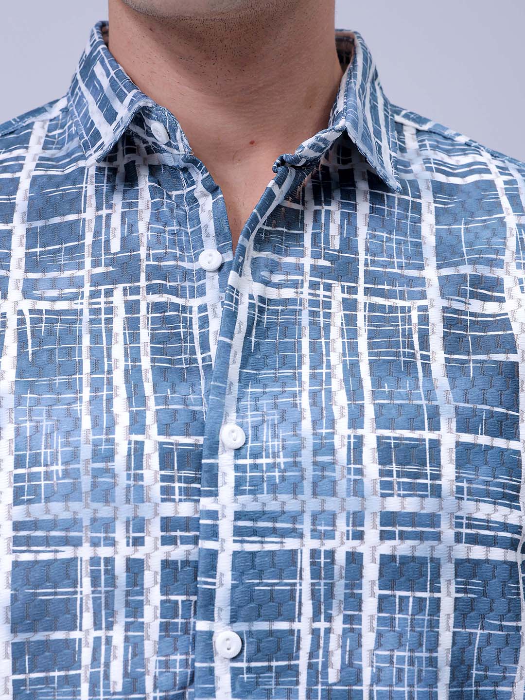 Men's Dusk Blue Relaxed Fit Checkered Textured Shirt - Image 6