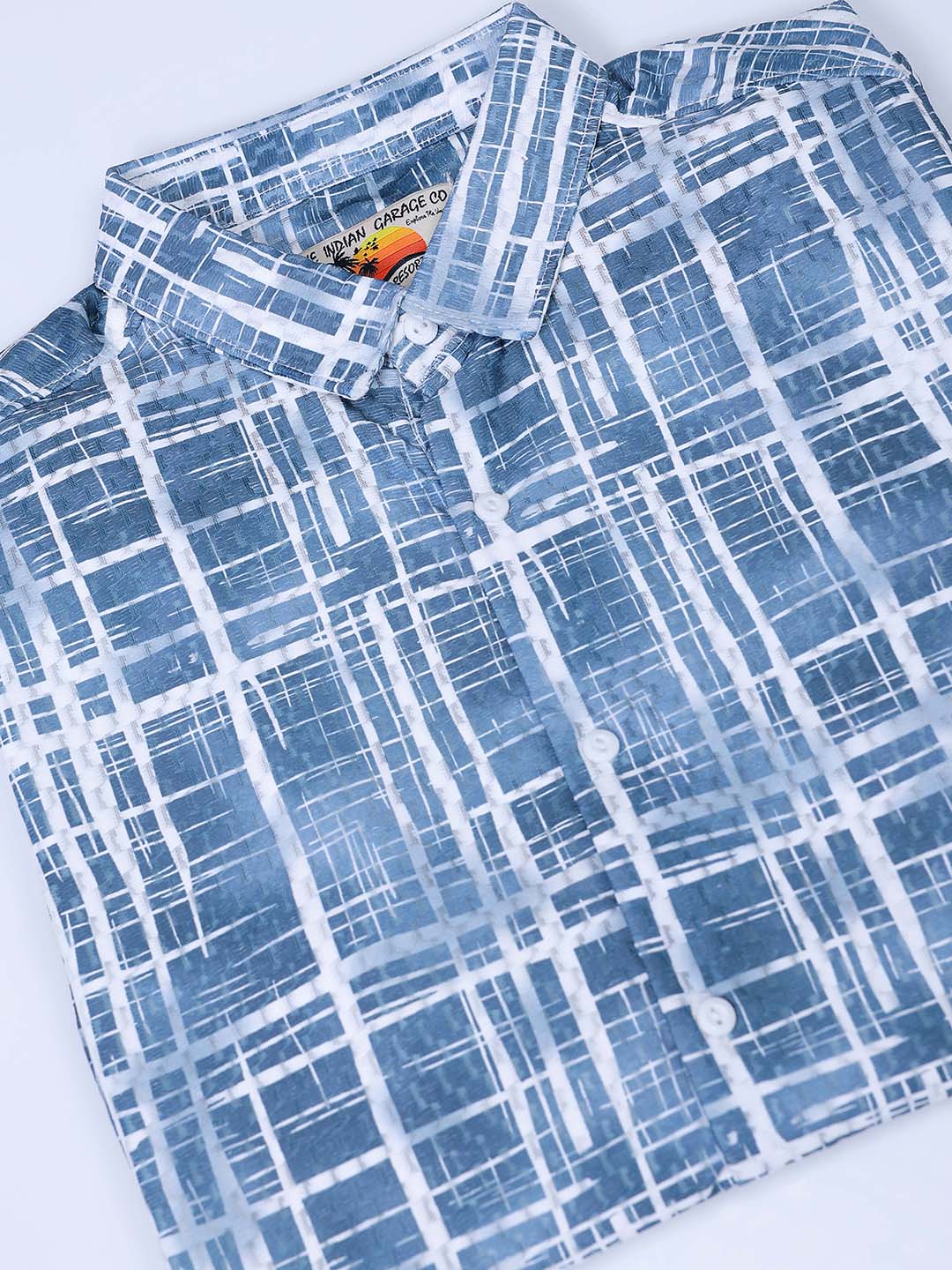 Men's Dusk Blue Relaxed Fit Checkered Textured Shirt - Image 7