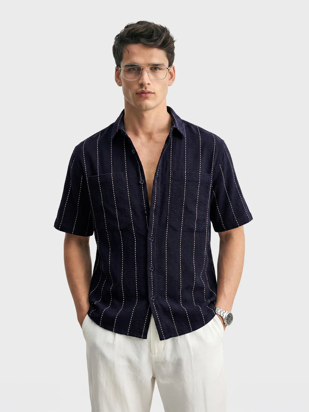 Men's Navy Blue Relaxed Fit Striped Resort Shirt - Image 2