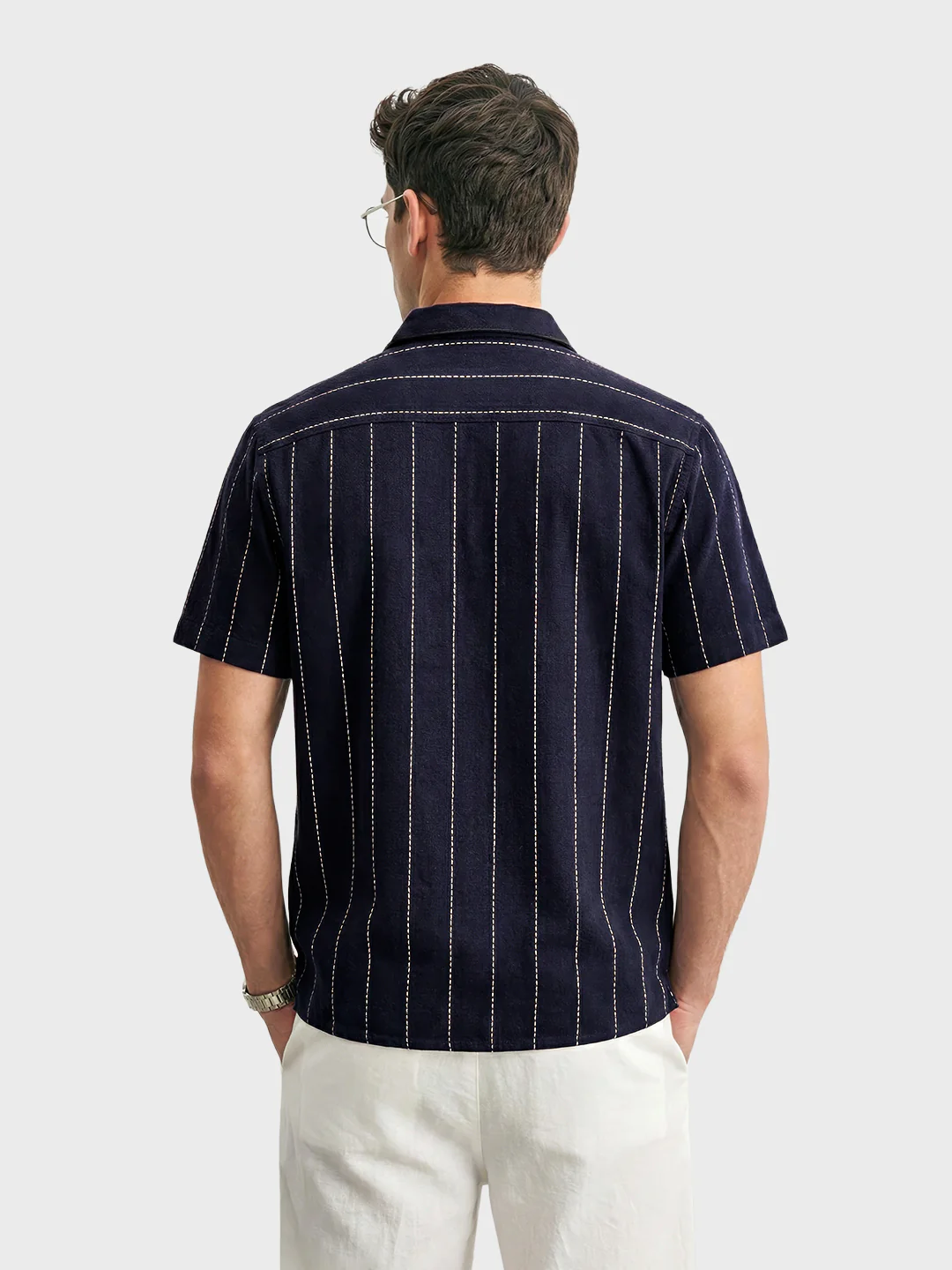 Men's Navy Blue Relaxed Fit Striped Resort Shirt - Image 3