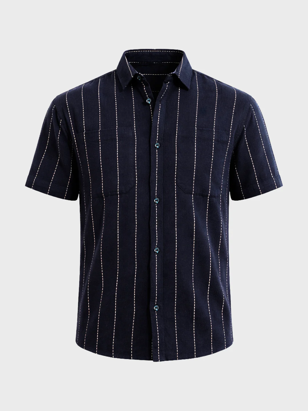 Men's Navy Blue Relaxed Fit Striped Resort Shirt - Image 5