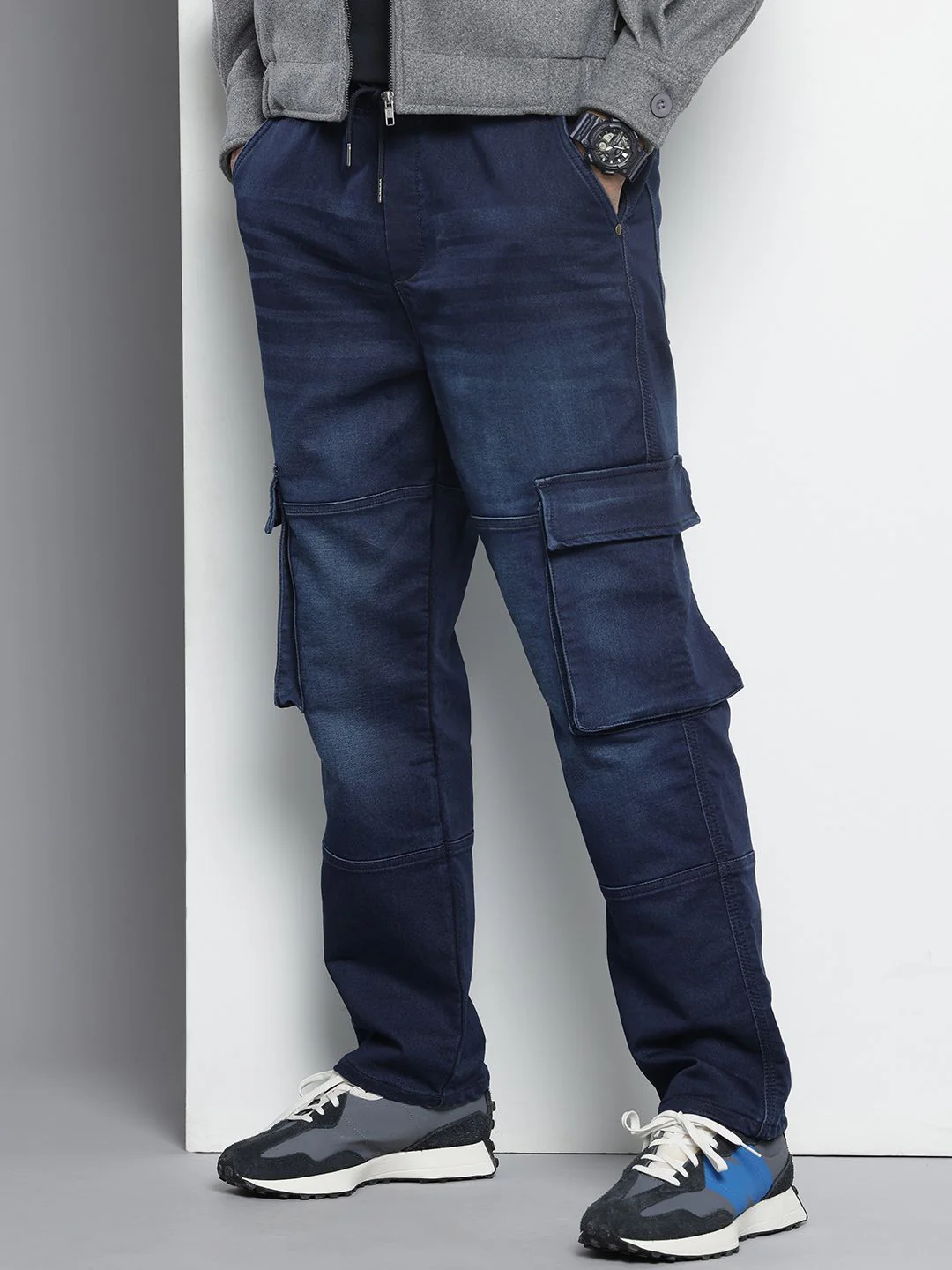 Men's Dark Blue Regular Fit Solid Utility Jeans - Image 2