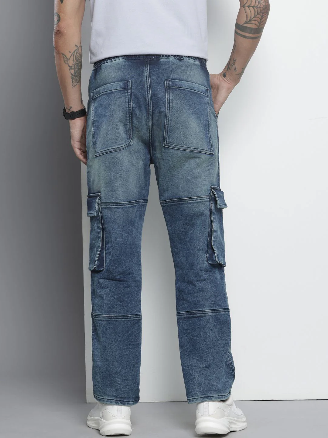Men's Vintage Blue Regular Fit Solid Utility Jeans - Image 4