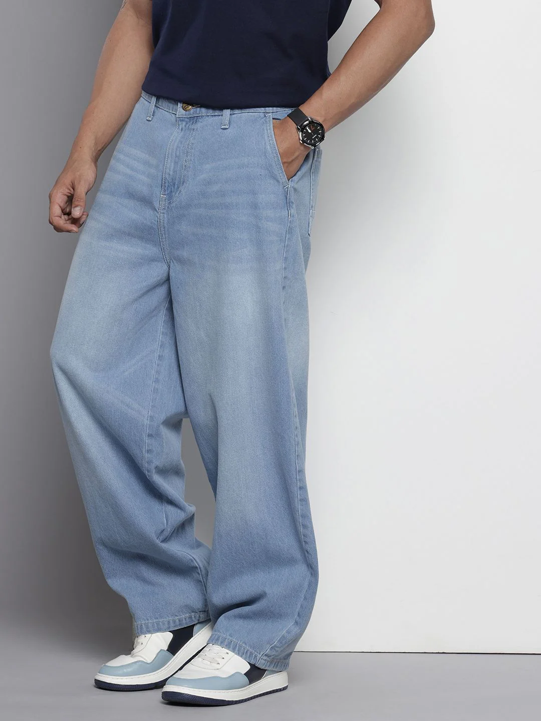 Men's Light Blue Skater Fit Solid Street Wear Jeans - Image 2