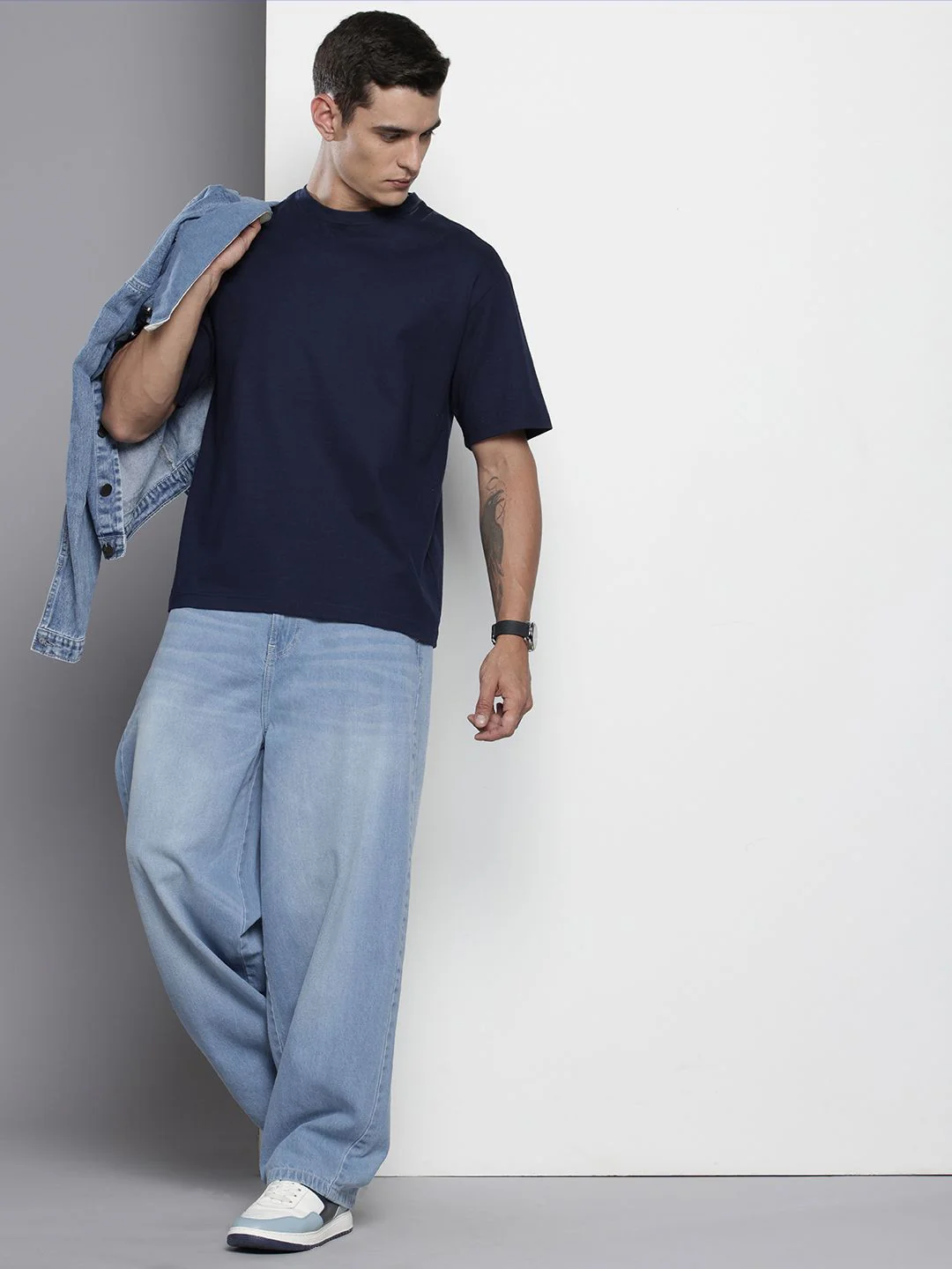 Men's Light Blue Skater Fit Solid Street Wear Jeans - Image 4