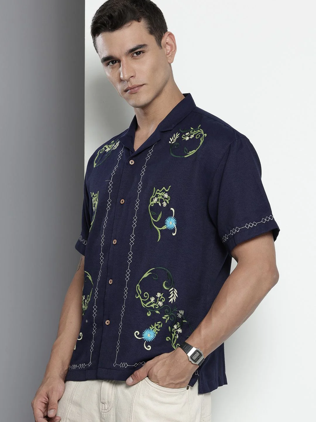Men's Midnight Blue Relaxed Fit  Embroidered Shirt - Image 2
