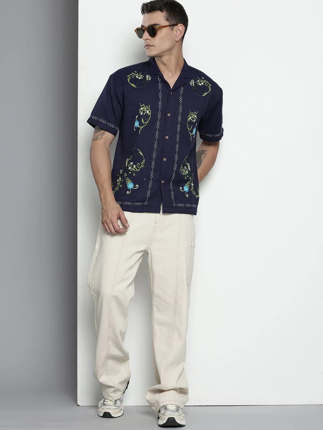 Men's Midnight Blue Relaxed Fit  Embroidered Shirt - Image 4