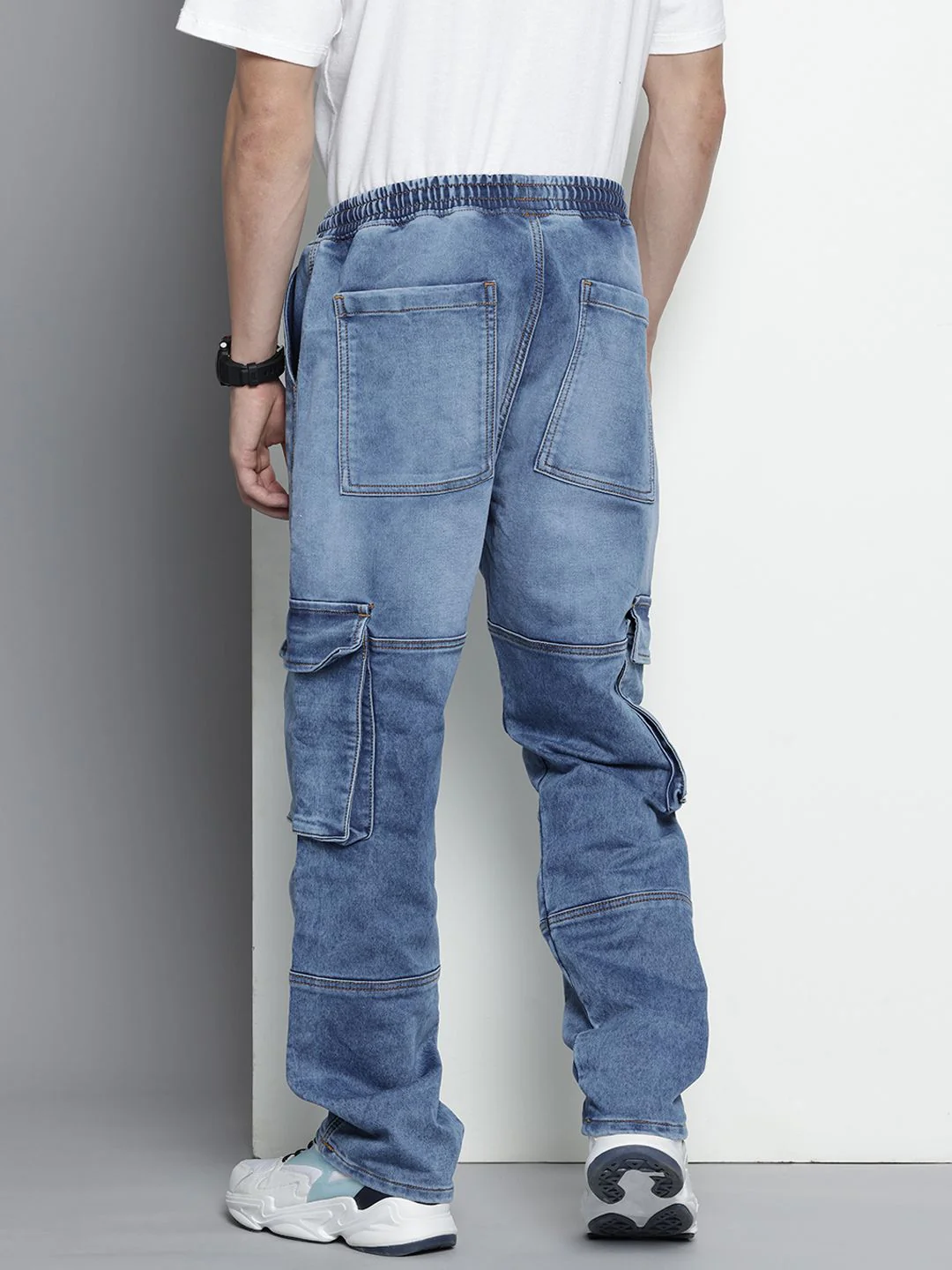Men's Blue Regular Fit Solid Utility Jeans - Image 4