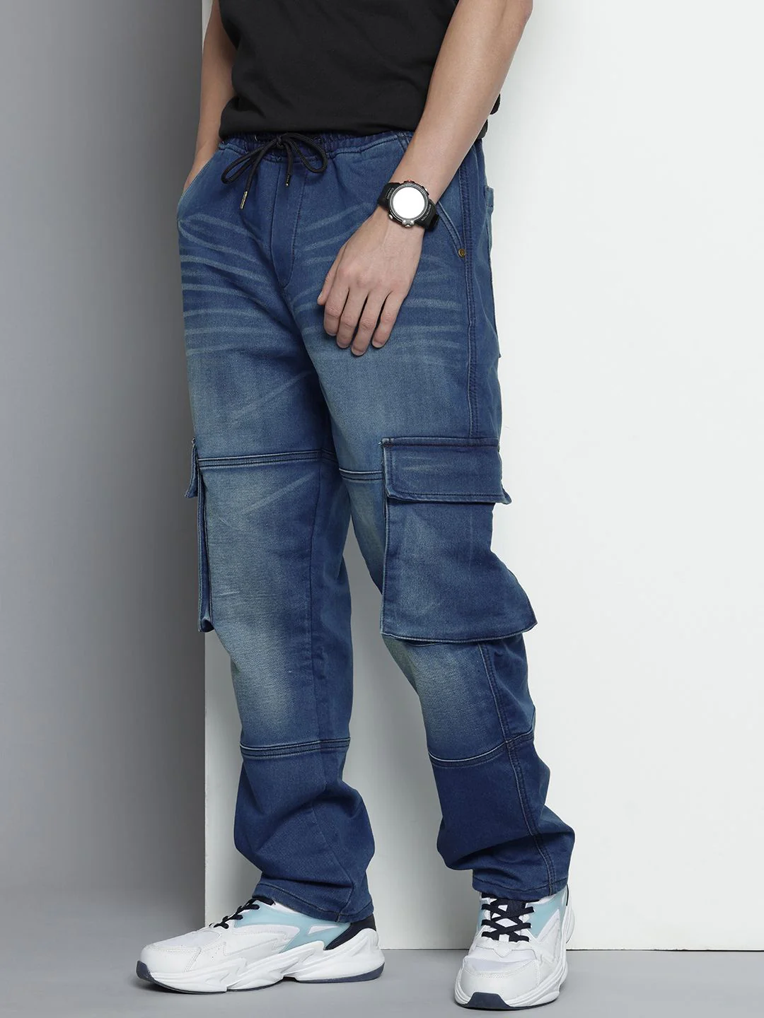 Men's Blue Regular Fit Solid Utility Jeans - Image 3