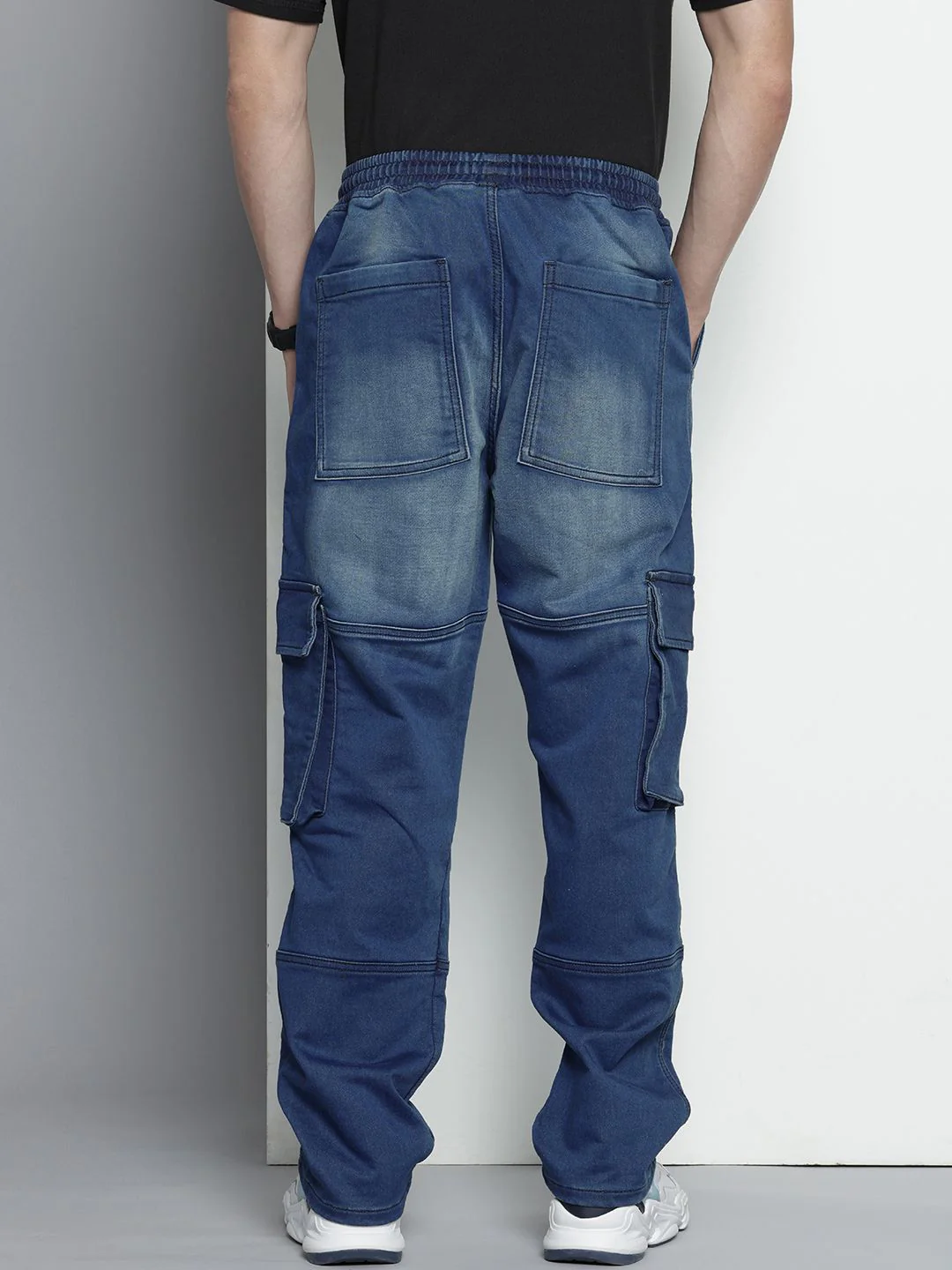 Men's Blue Regular Fit Solid Utility Jeans - Image 4