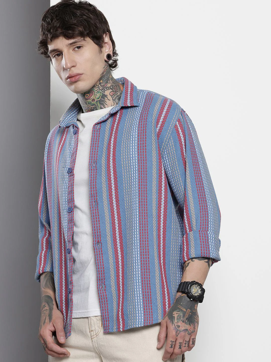 Men's Dusk Blue Relaxed Fit Striped Textured Shirt - Image 3