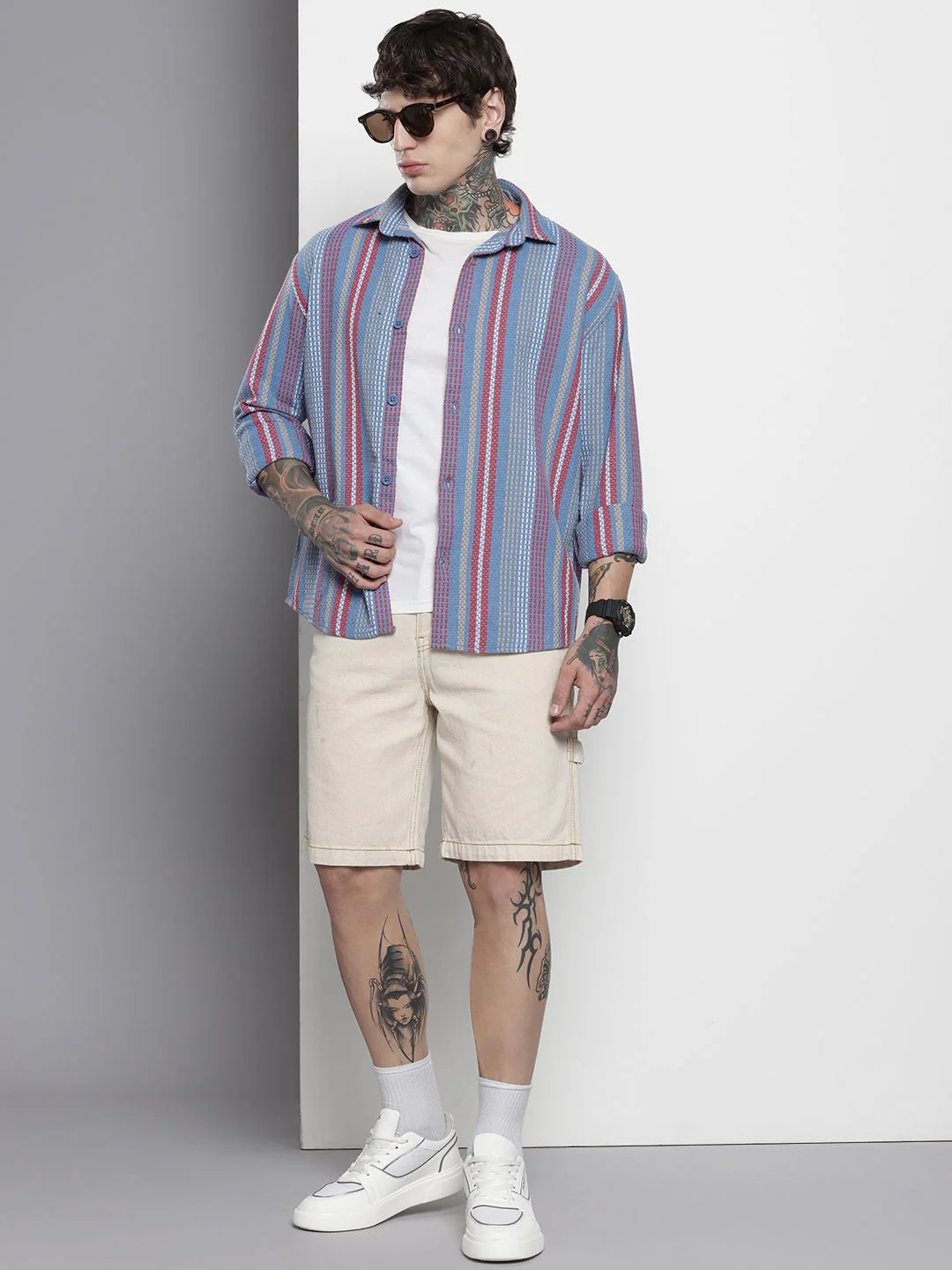 Men's Dusk Blue Relaxed Fit Striped Textured Shirt - Image 4