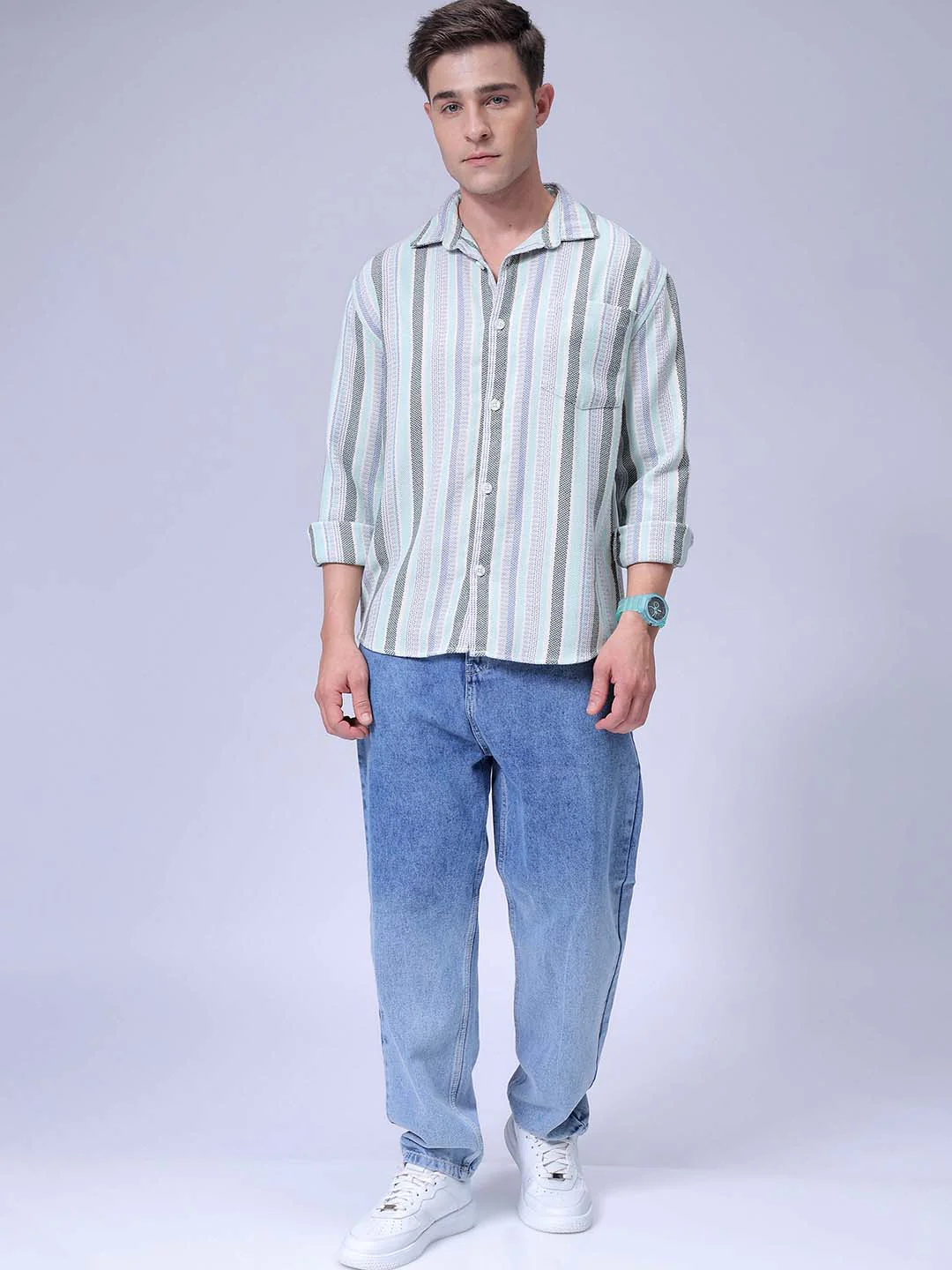 Men's Aqua Relaxed Fit Striped Textured Shirt - Image 4