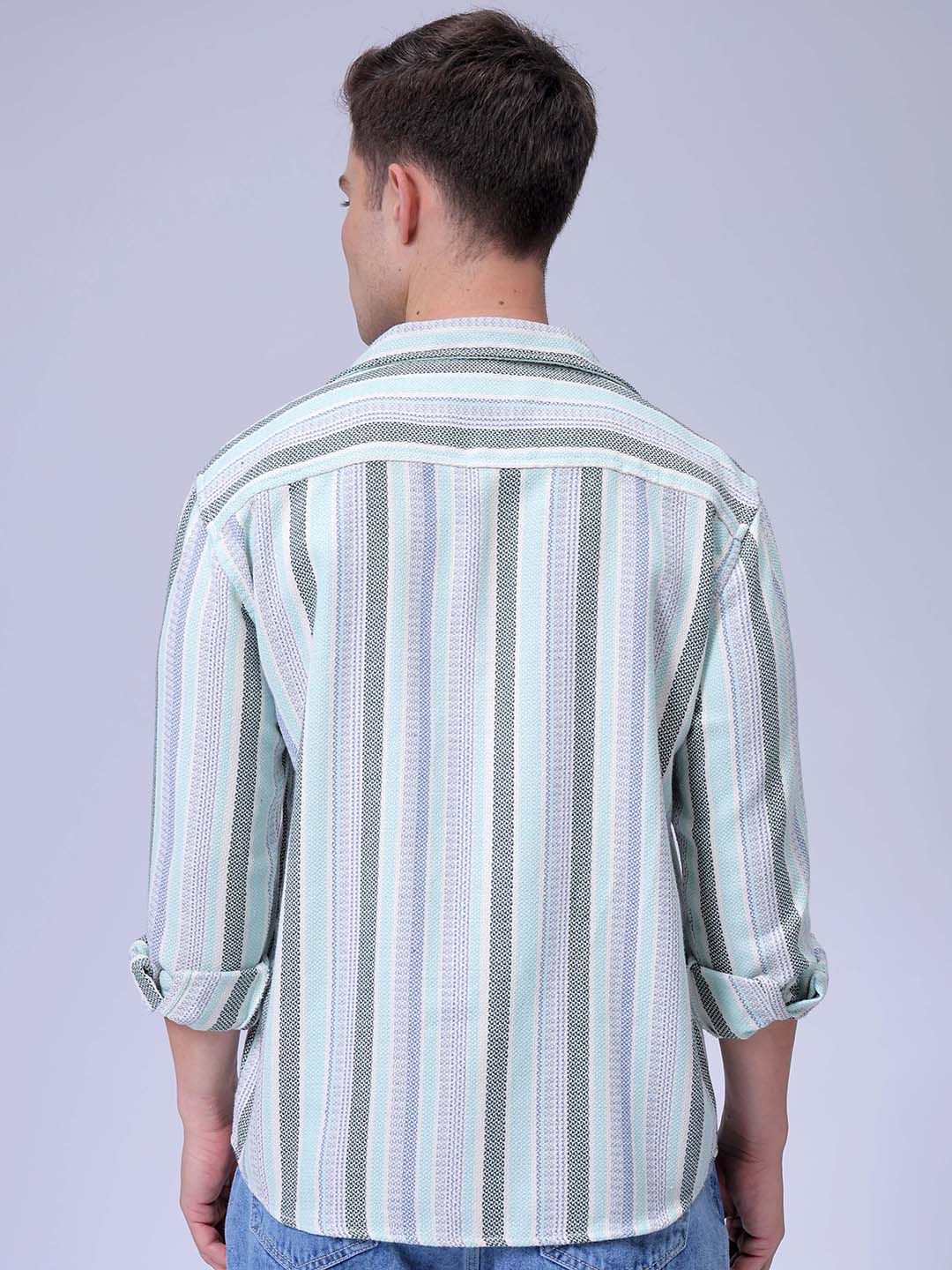 Men's Aqua Relaxed Fit Striped Textured Shirt - Image 5