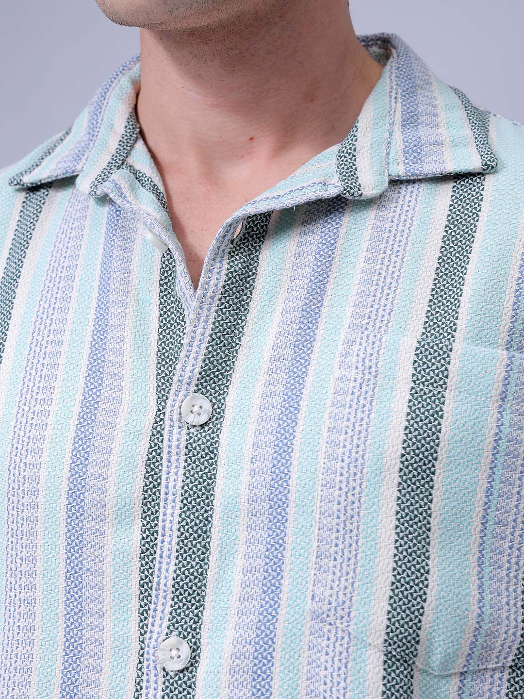 Men's Aqua Relaxed Fit Striped Textured Shirt - Image 6