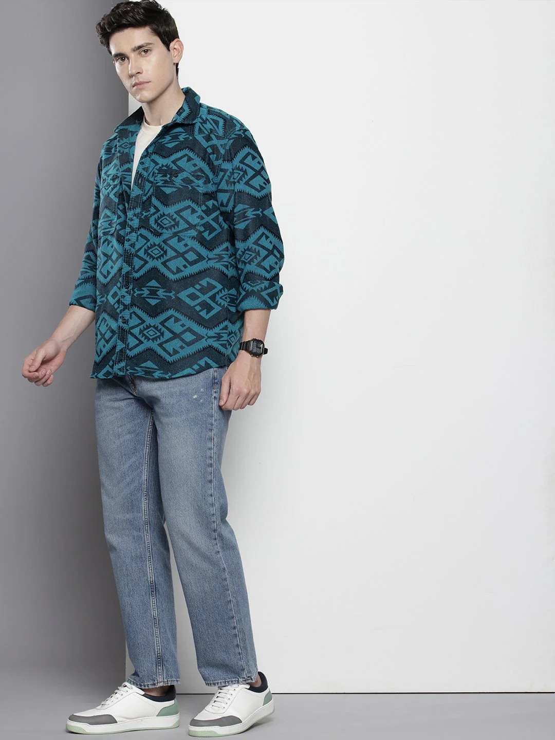 Men's Blue Relaxed Fit Textured Casual Shirt - Image 3