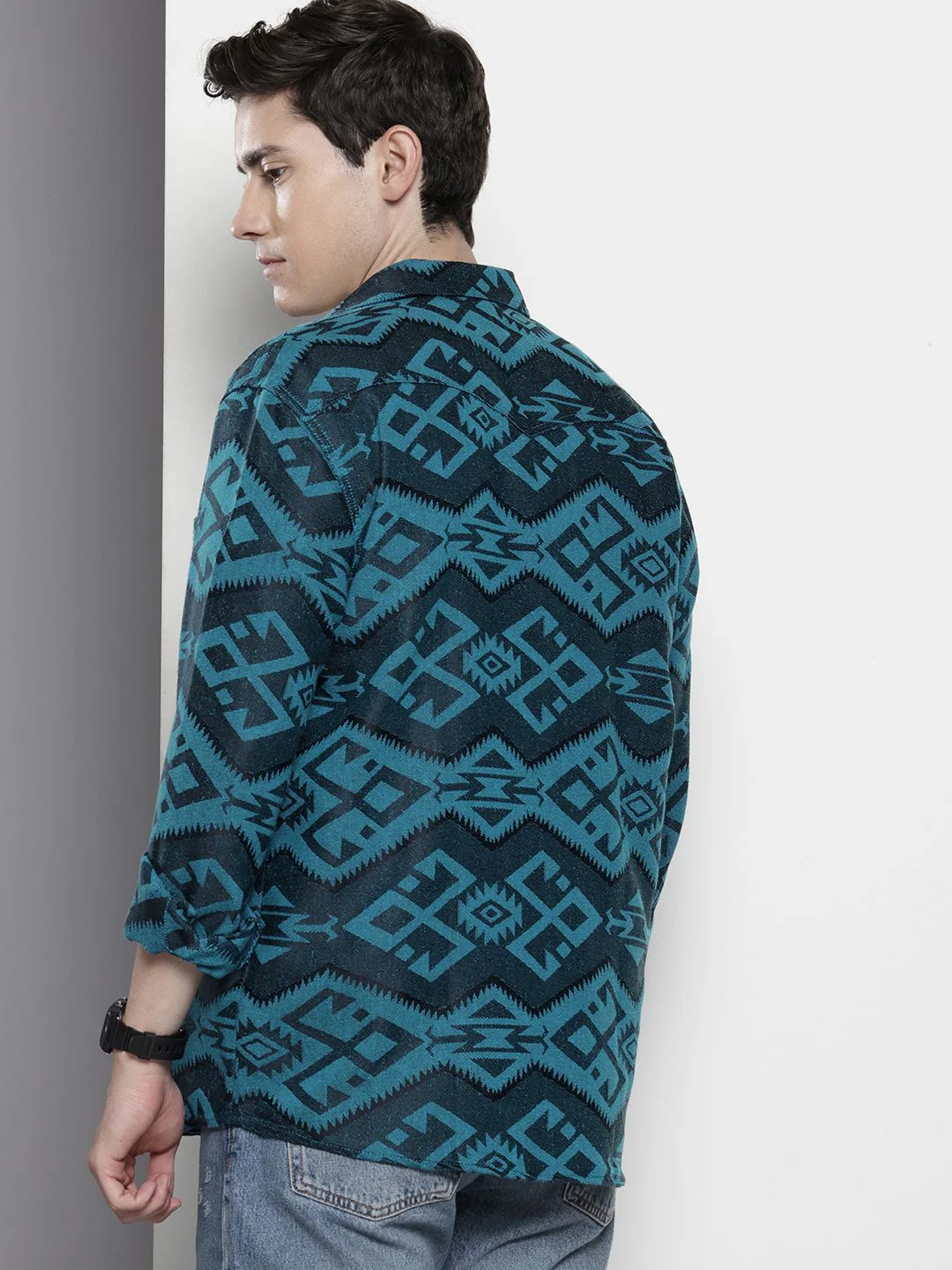 Men's Blue Relaxed Fit Textured Casual Shirt - Image 4