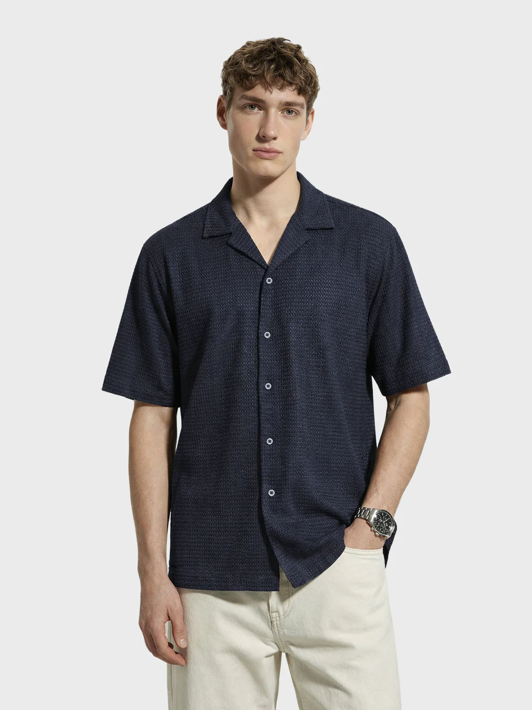 Men's Blue Relaxed Fit Textured Resort Shirt - Image 2