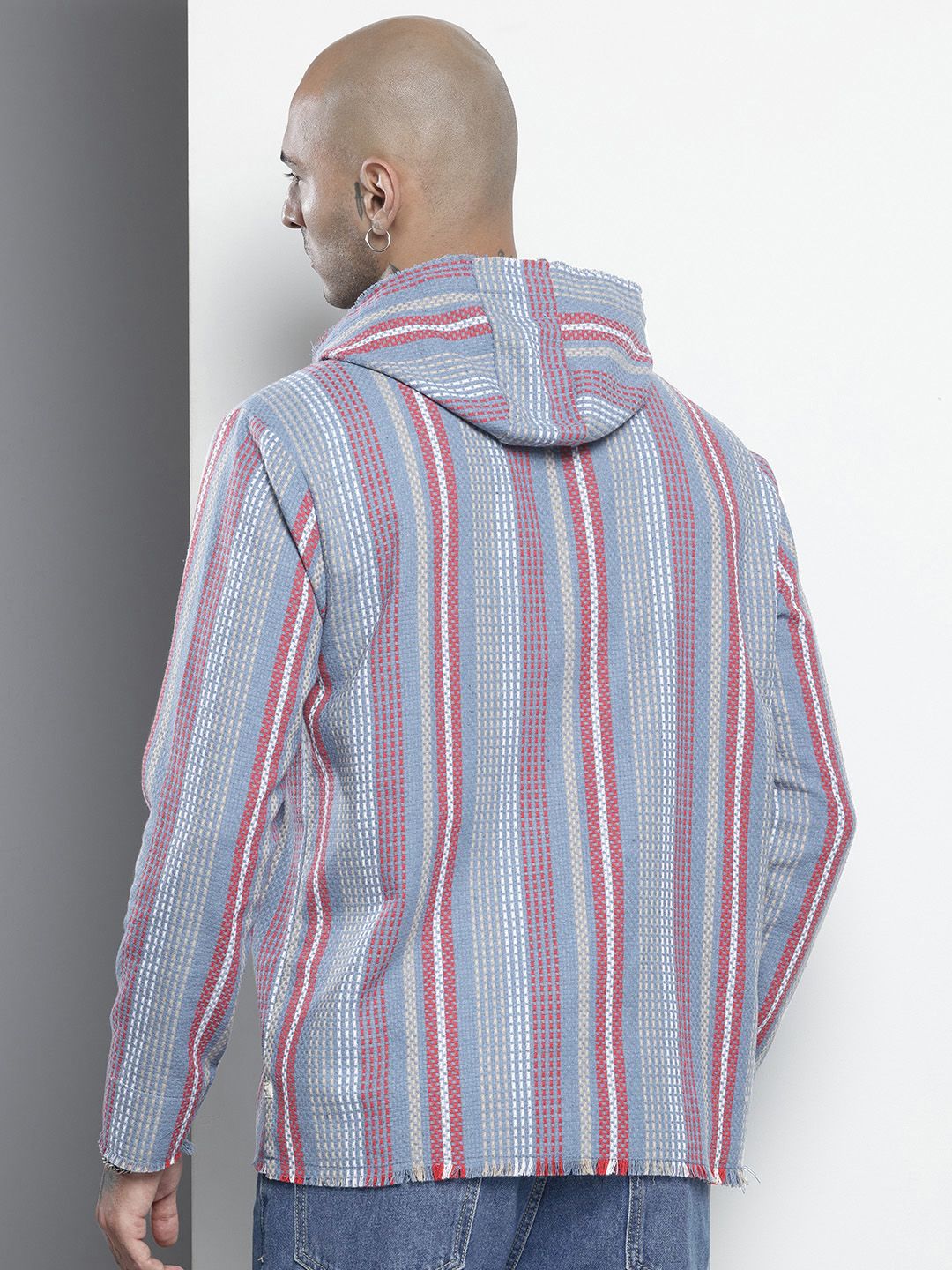 Men's Dusk Blue Relaxed Fit Vertical Stripes Bohemian Printed Shirt - Image 4