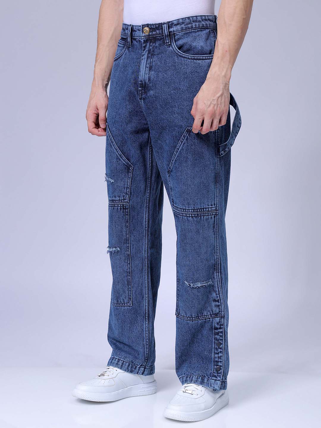 Men's Blue Relaxed Fit Patched Casual Jeans - Image 2