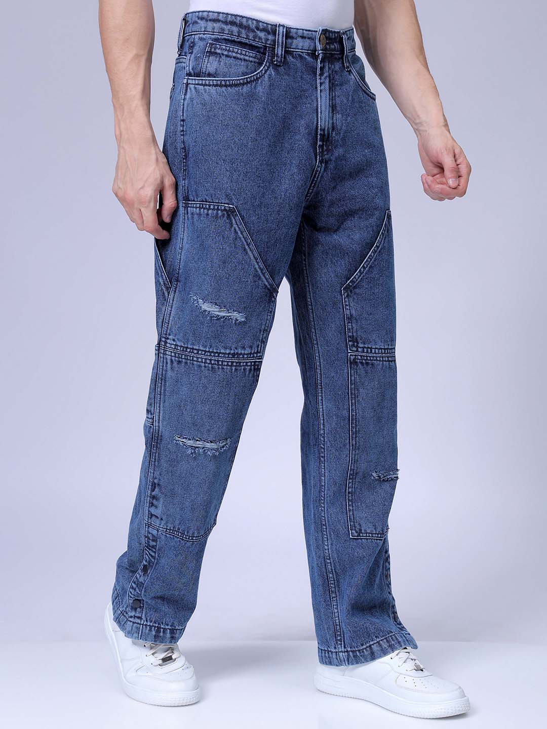 Men's Blue Relaxed Fit Patched Casual Jeans - Image 3