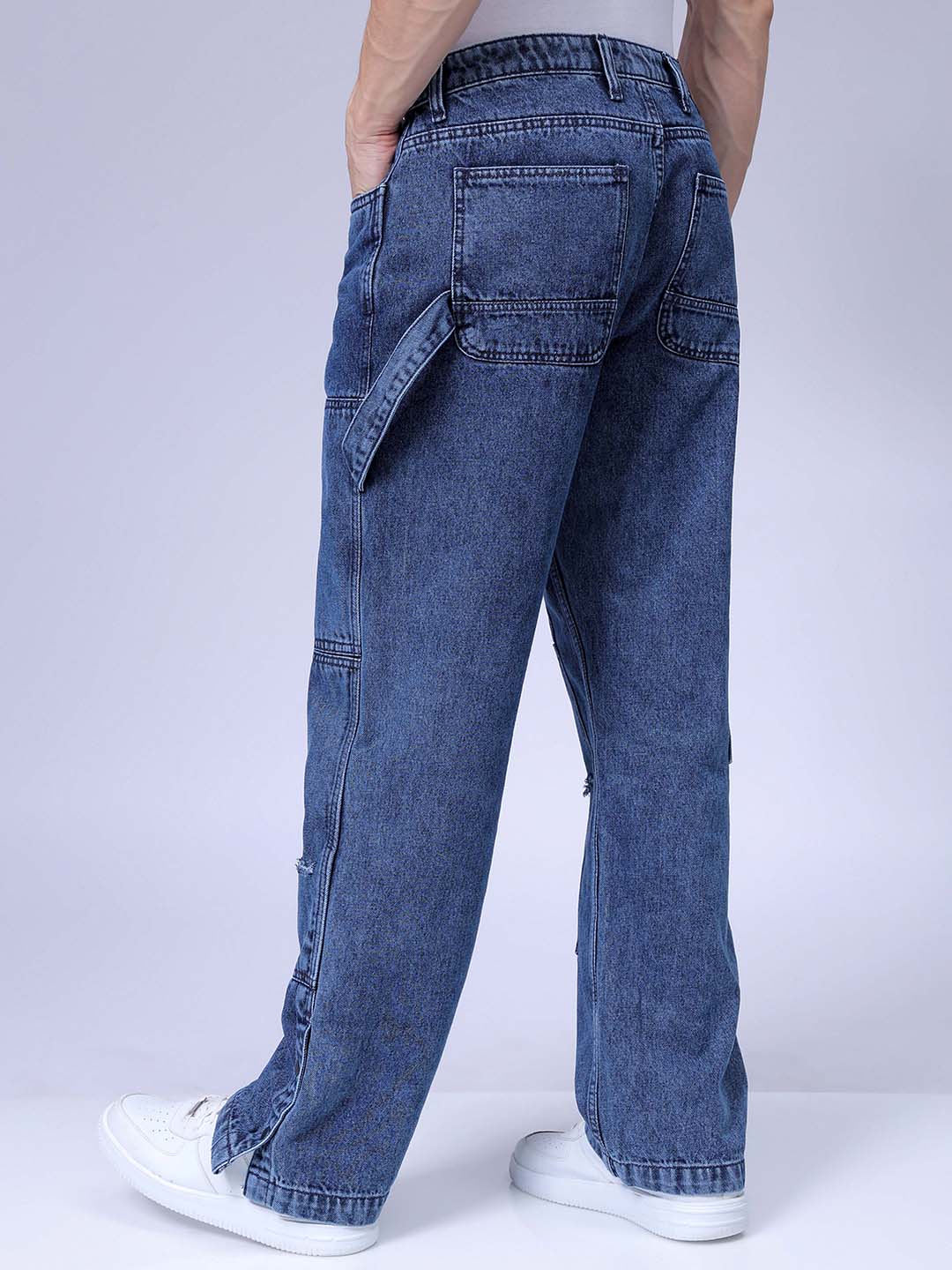 Men's Blue Relaxed Fit Patched Casual Jeans - Image 5
