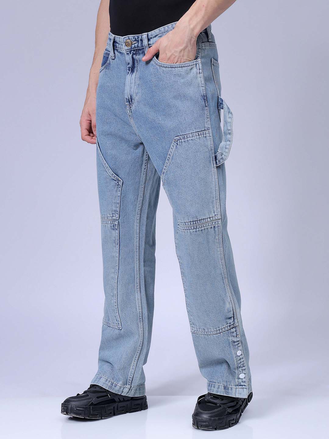 Men's Light Blue Relaxed Fit Patched Casual Jeans - Image 2