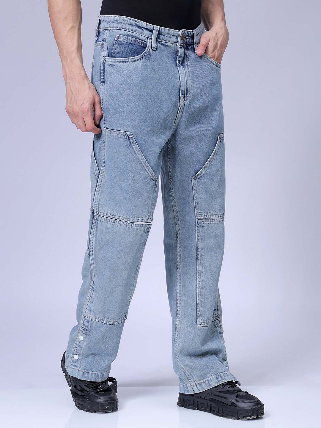 Men's Light Blue Relaxed Fit Patched Casual Jeans - Image 3
