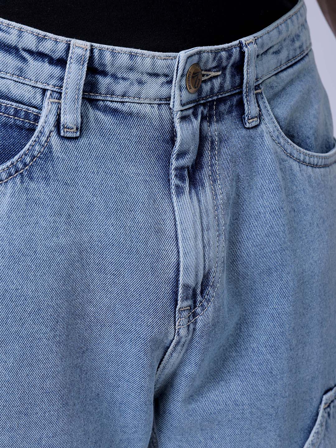 Men's Light Blue Relaxed Fit Patched Casual Jeans - Image 6