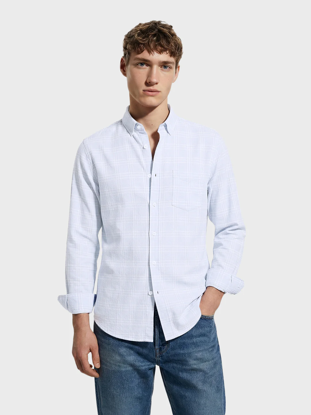 Men's Blue Slim Fit Checkered Casual Shirt - Image 2
