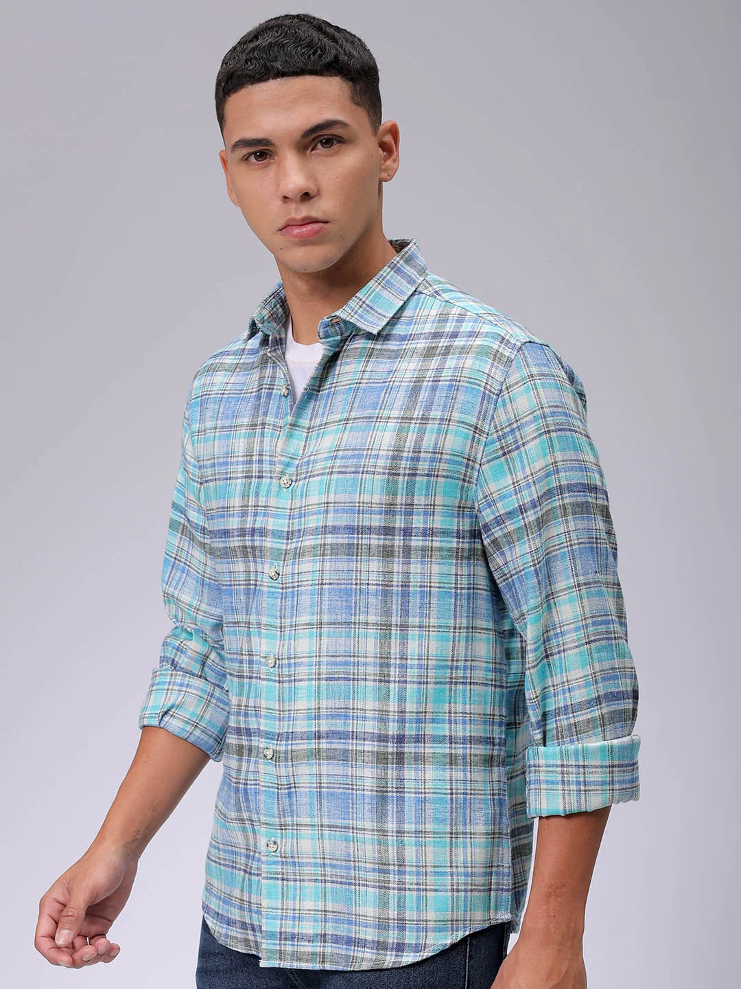 Men's Blue Slim Fit Checkered Casual Shirt - Image 3