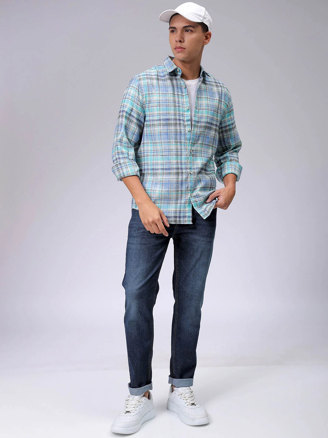 Men's Blue Slim Fit Checkered Casual Shirt - Image 4