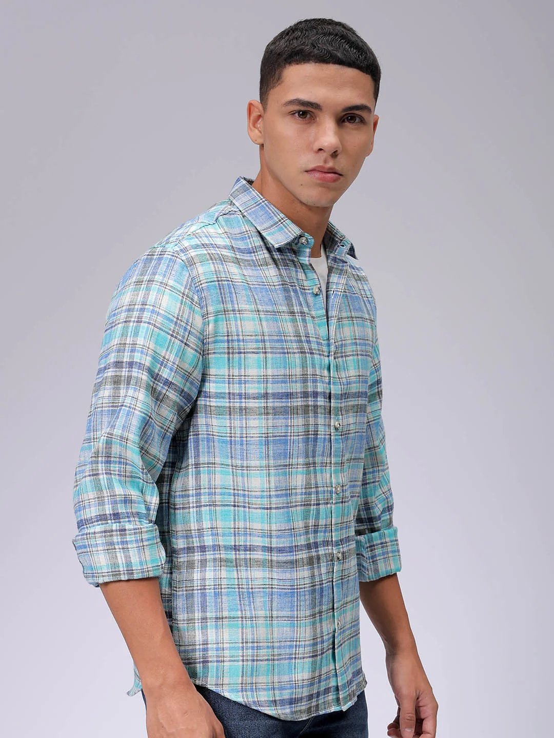 Men's Blue Slim Fit Checkered Casual Shirt - Image 5