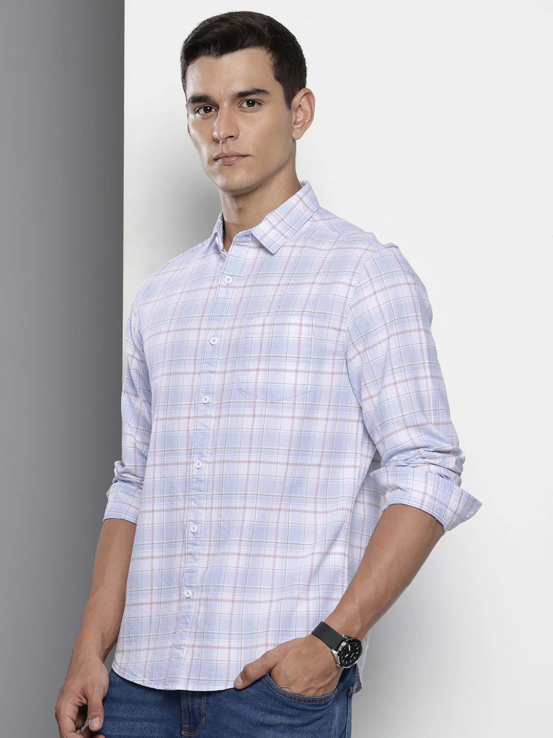 Men's Blue Slim Fit Checked Casual Shirt - Image 2