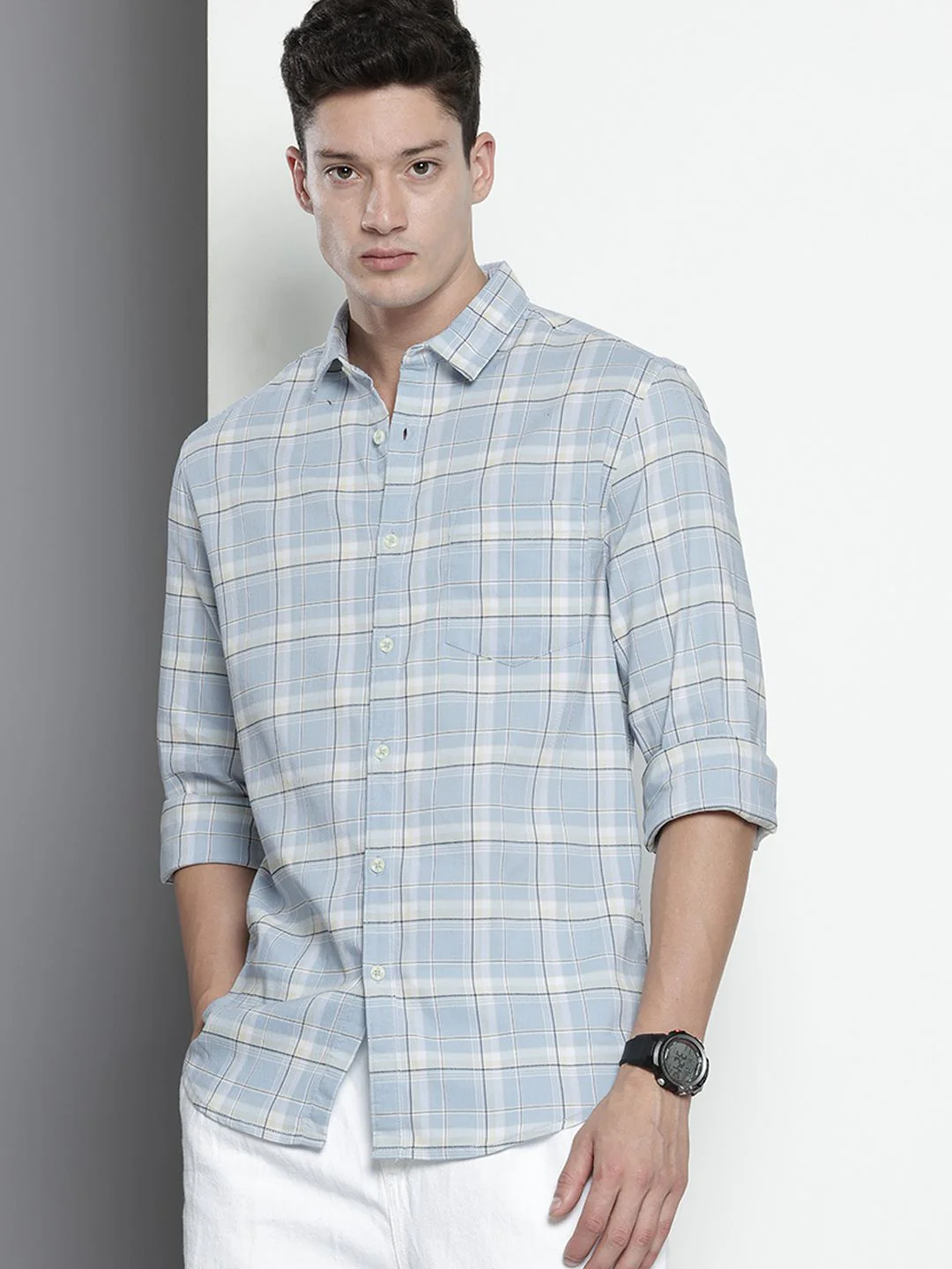 Men's Blue Slim Fit Checked Casual Shirt - Image 2