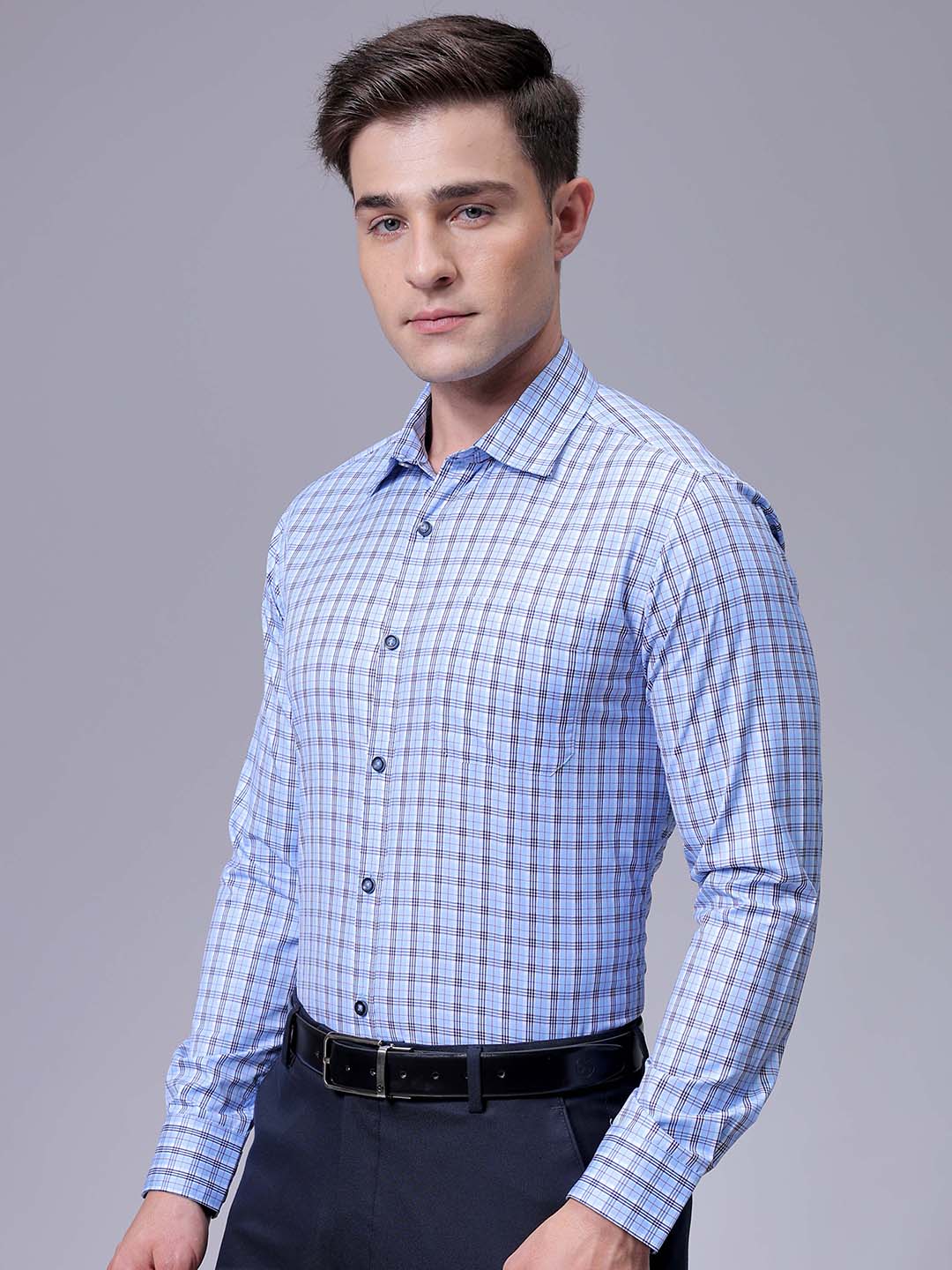Men's Blue Slim Fit Checked Formal Shirt - Image 2