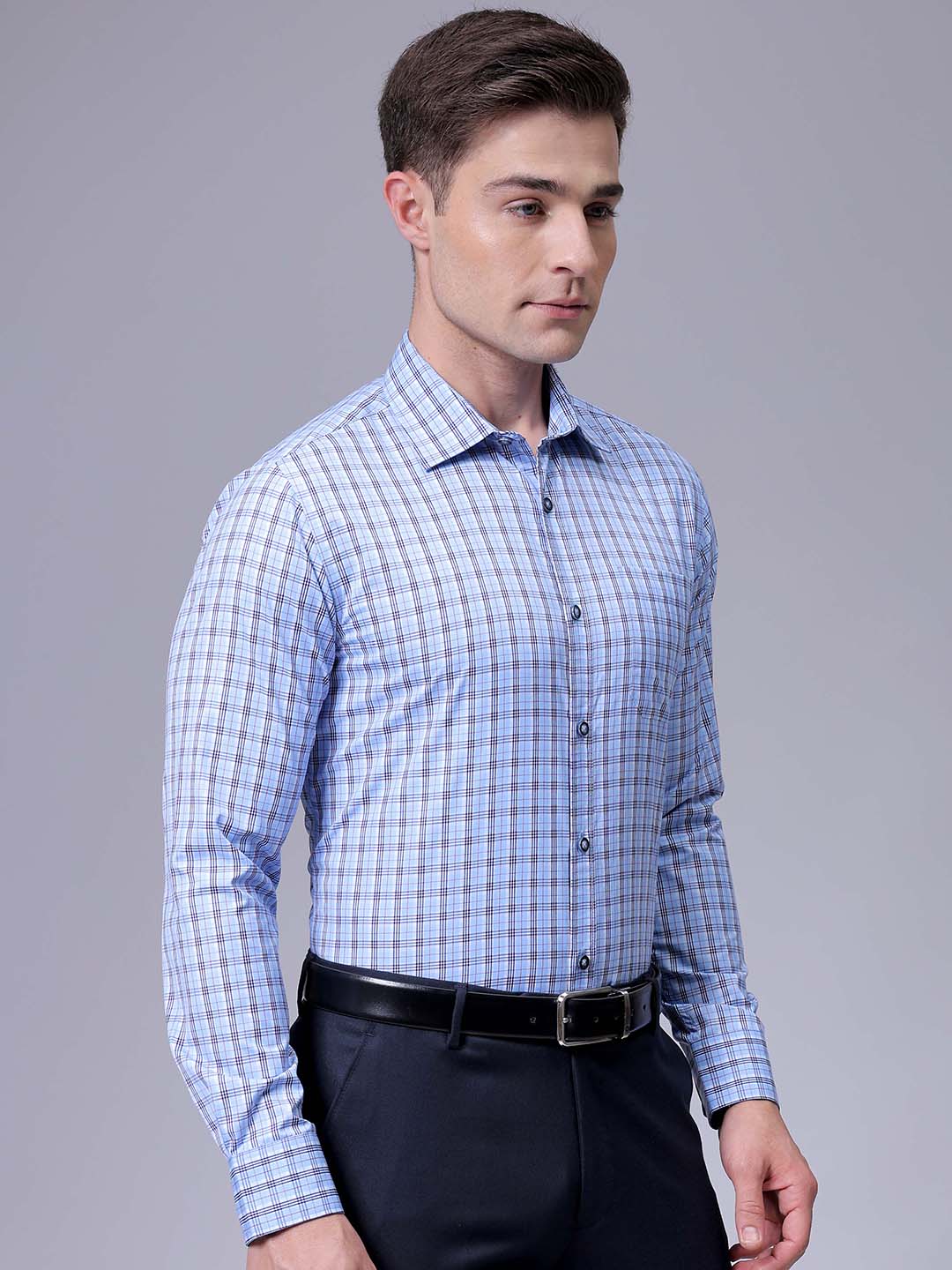 Men's Blue Slim Fit Checked Formal Shirt - Image 3