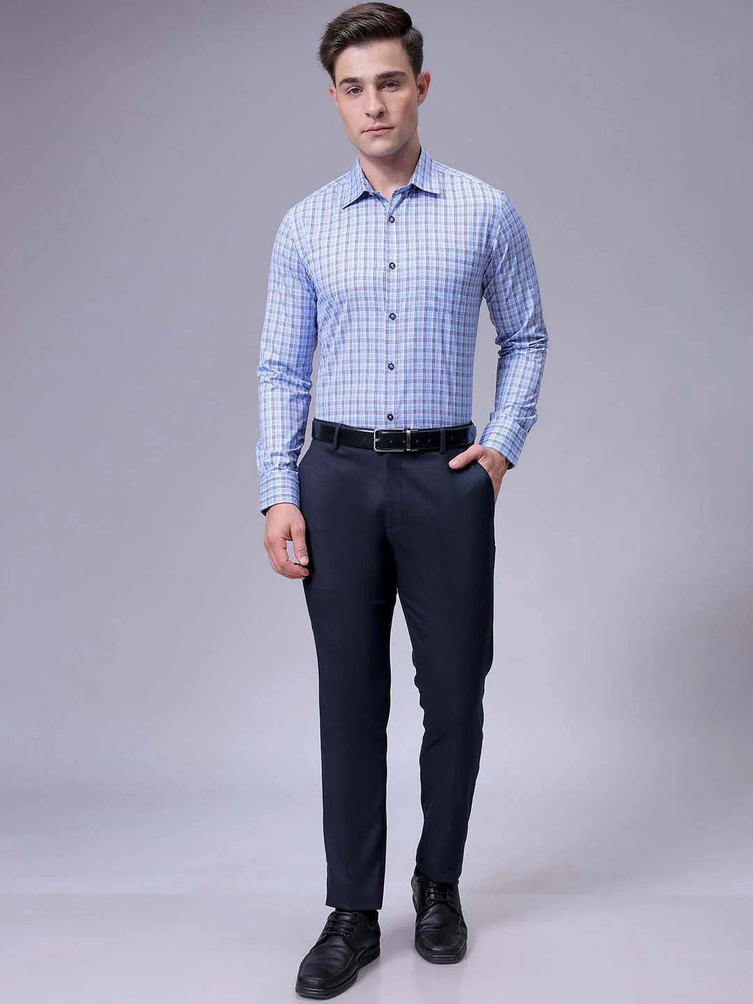 Men's Blue Slim Fit Checked Formal Shirt - Image 4