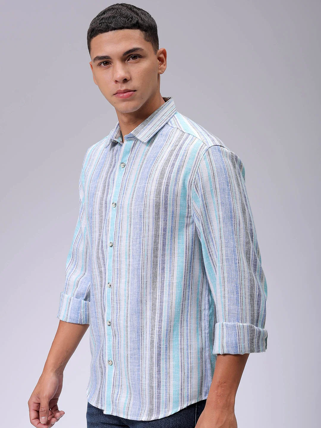 Men's Blue Slim Fit Striped Casual Shirt - Image 3