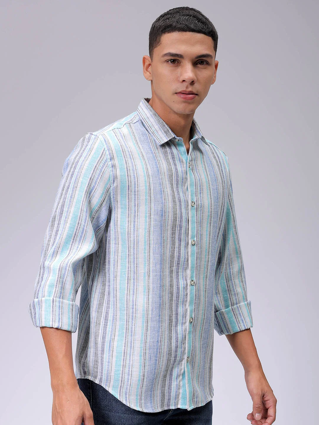 Men's Blue Slim Fit Striped Casual Shirt - Image 4